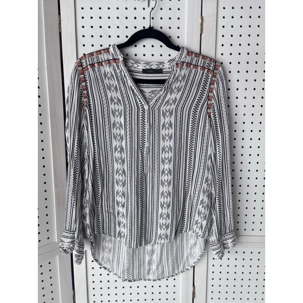 THML Blouse Long SLV Half Button V Neck Aztec Embroidered Boho Women's M